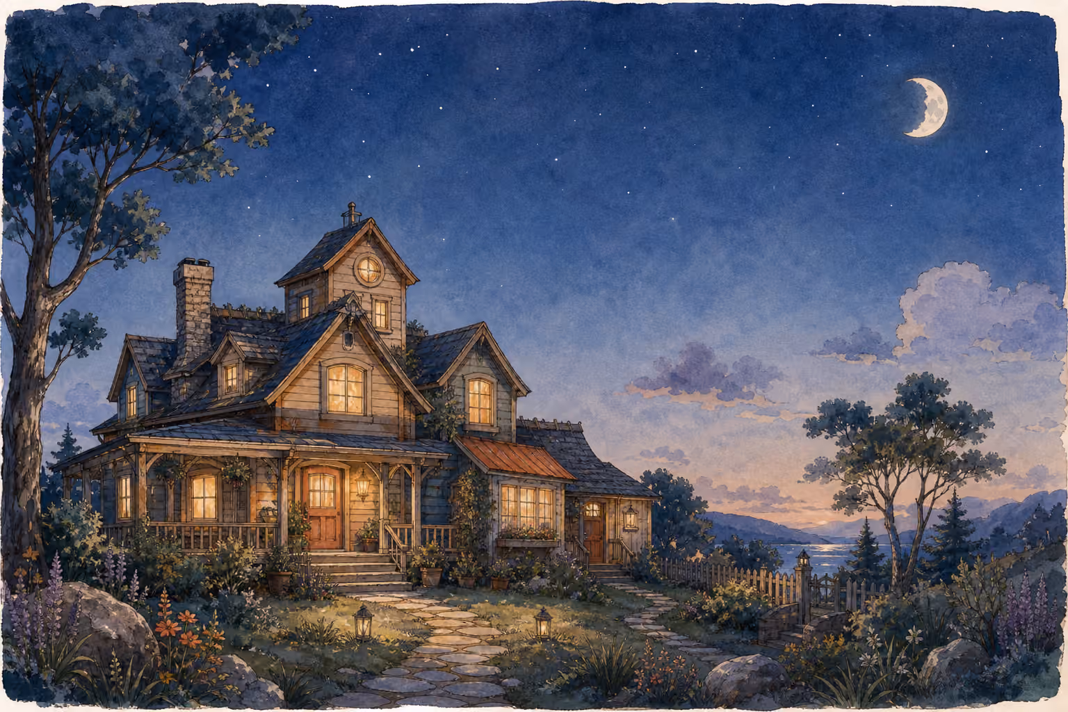 A richly painted family house glowing beneath a deep blue evening sky